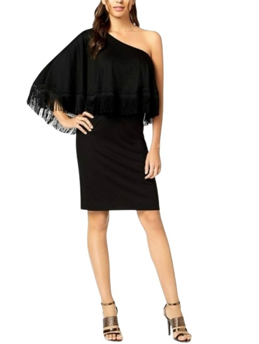 Trina Turk Eastside One Shoulder Fringed Top Dress In Black